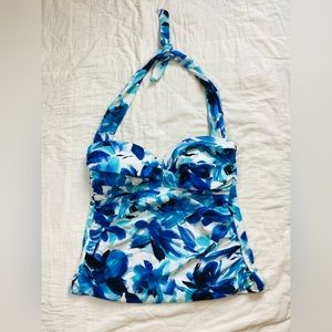 Miraclesuit Tie Halter Swim Tankini Top Blue White Floral Slimming 12.